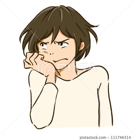 Illustration of an angry woman leaning on her chin Illustration of an angry woman leaning on her chin 111746314