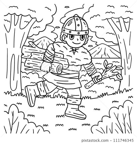 Viking Child Gathering Logs Coloring Page for Kids 111746345