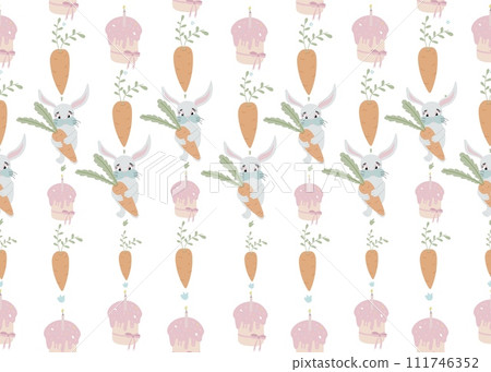 Seamless pattern with rabbits, carrots, easter cakes on white background vector illustration. Cute cartoon character. Seamless pattern with rabbits, carrots, easter cakes on white background vector illustration. Cute cartoon character. 111746352