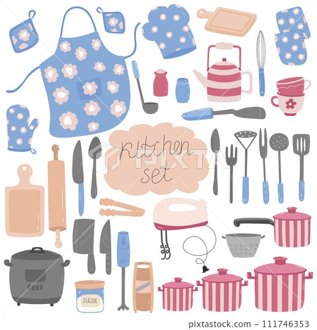 Vector set of kitchen utensils. Kitchen tools on a white background. Vector set of kitchen utensils. Kitchen tools on a white background. 111746353