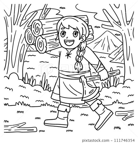 Viking with an Axe and Wood Coloring Page for Kids 111746354