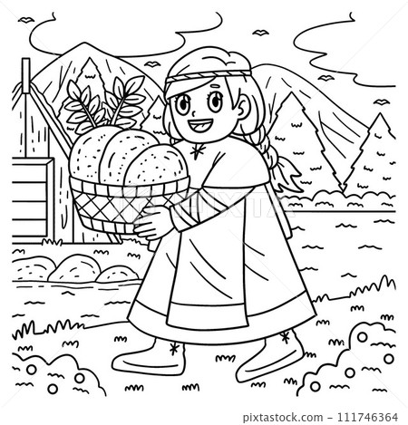 Viking Child with Basket of Bread Coloring Page  111746364
