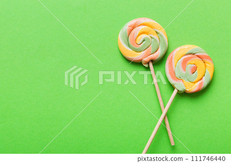 Set of colorful lollipops on colored background. Summer concept. Party Happy Birthday or Minimalist Concept 111746440