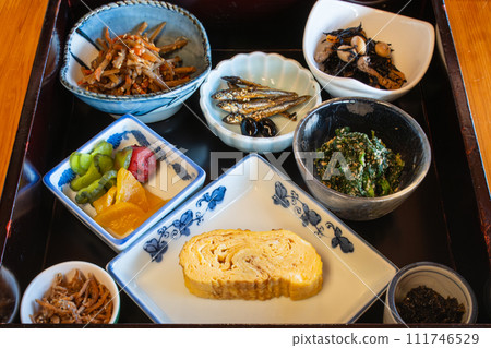 Japanese breakfast, small plates, small bowls, inn Japanese food, kappo, restaurant Japanese breakfast, small plates, small bowls, inn Japanese food, kappo, restaurant 111746529