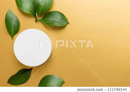 Organic cosmetic product with green leaves on color background. Copy space, flat lay 111746544