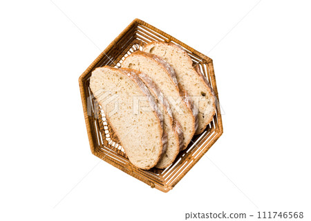 Freshly baked bread slices on basket isolated on white background. top view Sliced bread 111746568