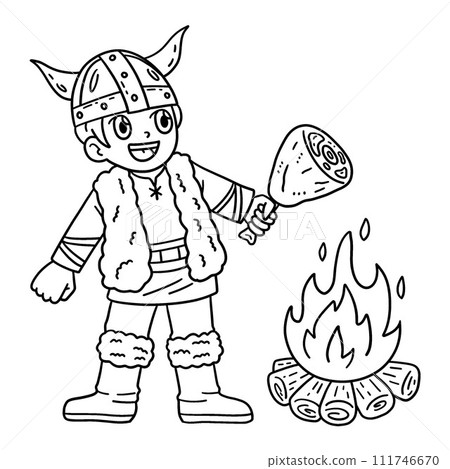 Viking Roasting Meat on Bonfire Isolated Coloring 111746670