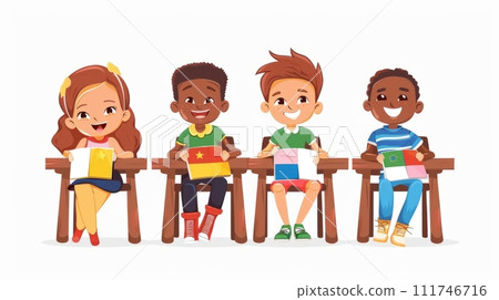 AI-generated content. Junior classes. Children of different nationalities sitting at their desks against white background. Cartoon drawn style. 111746716