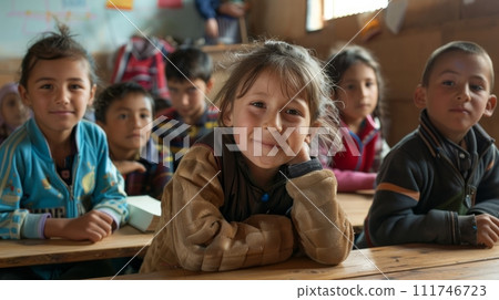 AI-generated content. Young little girl daydreaming in elementary school classroom. Junior classes, children of different nationalities sitting at their desks 111746723