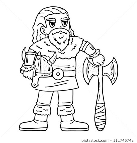 Viking Holding an Axe and Helmet Isolated Coloring 111746742