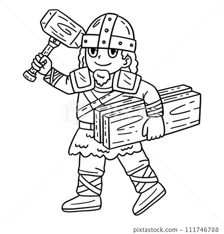 Viking with Wood Planks Isolated Coloring Page 111746788