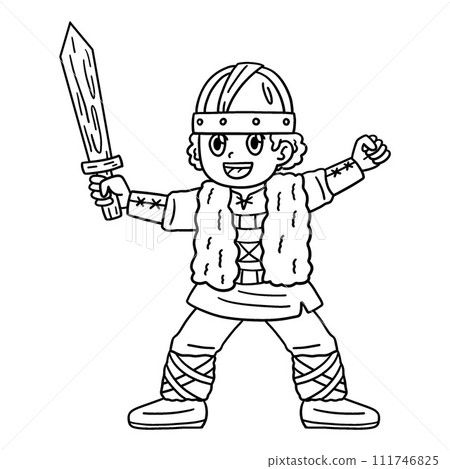 Viking Child with Wooden Sword Isolated Coloring  111746825