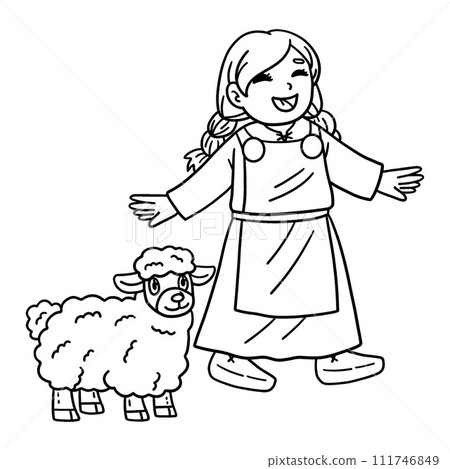 Viking Child with Sheep Isolated Coloring Page 111746849