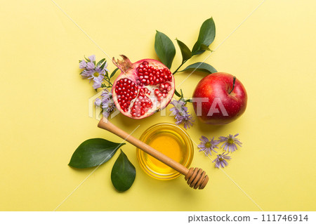 Flat lay composition with symbols jewish Rosh Hashanah holiday attributes on colored background, Rosh hashanah concept. New Year holiday Traditional. Top view with copy space 111746914