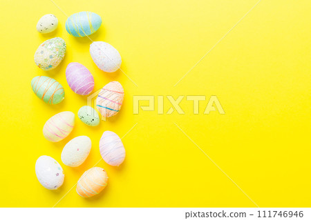 decorative easter eggs on colored background. easter eggs collection top view with copy space 111746946