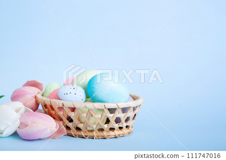 Happy Easter composition. Easter eggs in basket on colored table with yellow Tulips. Natural dyed colorful eggs background with copy space 111747016