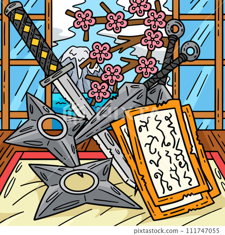 Ninja Tools Colored Cartoon Illustration 111747055