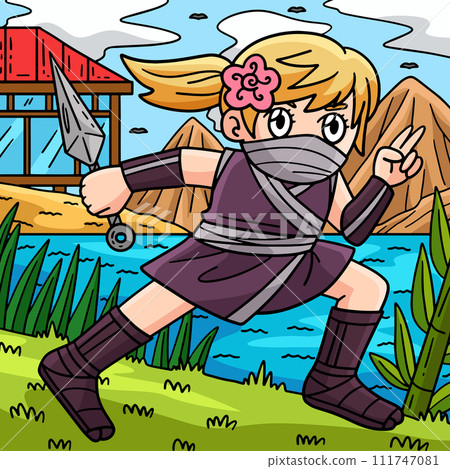 Ninja Kunoichi with Kunai Colored Cartoon Ninja Kunoichi with Kunai Colored Cartoon 111747081
