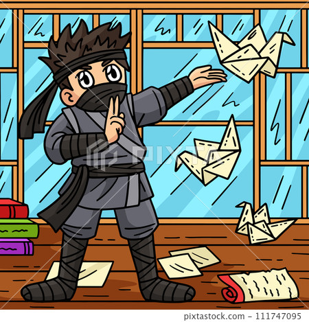 Ninja with an Origami Colored Cartoon Illustration 111747095