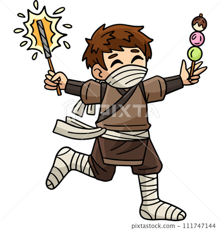 Ninja with Sparklers and a Dango Cartoon Clipart 111747144