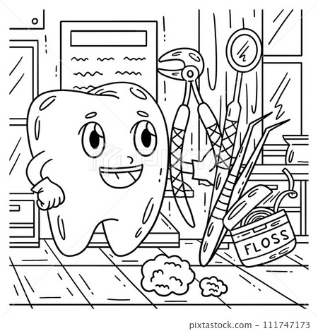 Dental Care Tooth with Tools Coloring Page  111747173