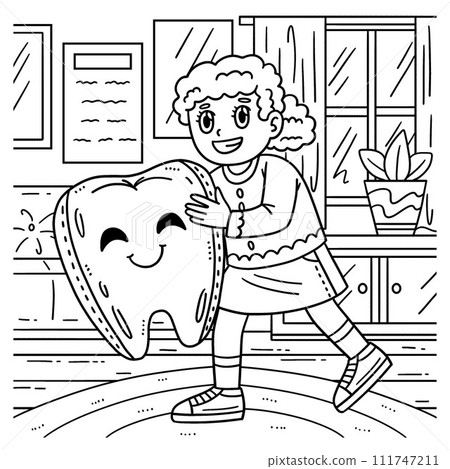 Dental Care Child Hugging Giant Tooth Coloring  111747211