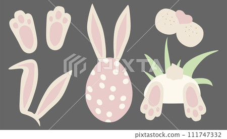Rabbit or Bunny Vector Easter Set. Cartoon or Flat Isolated Illustration of Paws, Ears, Egg, Bottom with Tail and Cute Muzzle. Design Art for Holiday Greeting Card, Poster, Sticker pack with Pet. 111747332
