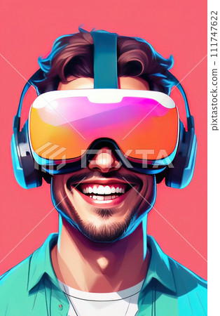 Young smiling man wearing virtual reality glasses. Vr headset. 111747622