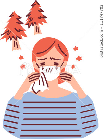 Illustration of a woman wearing a mask suffering from hay fever Illustration of a woman wearing a mask suffering from hay fever 111747702