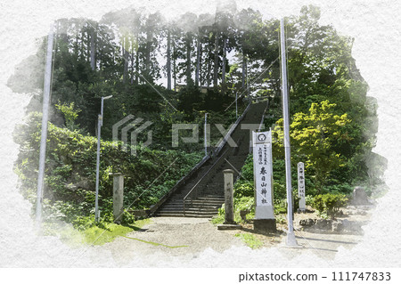 Watercolor style Joetsu Kasugayama Shrine stone steps Joetsu City, Niigata Prefecture 111747833