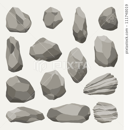 Rock stones or debris of mountain. Gravel, gray stone. Collection of various shapes, pieces of fossil stone. Polygonal shapes set. Game decoration elements Rock stones or debris of mountain. Gravel, gray stone. Collection of various shapes, pieces of fossil stone. Polygonal shapes set. Game decoration elements 111748019
