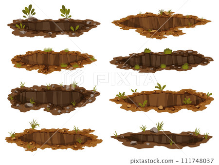 Holes ground set. Works digging of sand coal waste rock or gravel. Brown, dry mine elements of landscape. Cartoon illustration 111748037