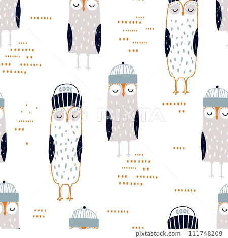 Seamless Scandinavian style pattern with cute owls in beanie hats. Childish hand drawn owl birds background. Ideal for fabrics, textiles, apparel, wallpaper. 111748209