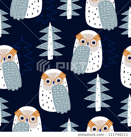 Seamless pattern with cute owls and trees. Creative forest texture. Great for fabric, textile Vector Illustration Seamless pattern with cute owls and trees. Creative forest texture. Great for fabric, textile Vector Illustration 111748211