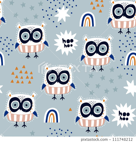 Seamless childish pattern with cute owls characters with stars and rainbows. Vector texture great for fabric textile apparel. 111748212