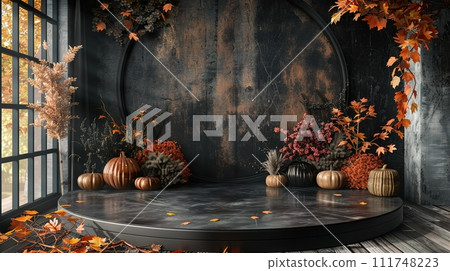 Circle Podium Classic Black with Harvest Themes  Idea for Product Placement and Presentation 111748223