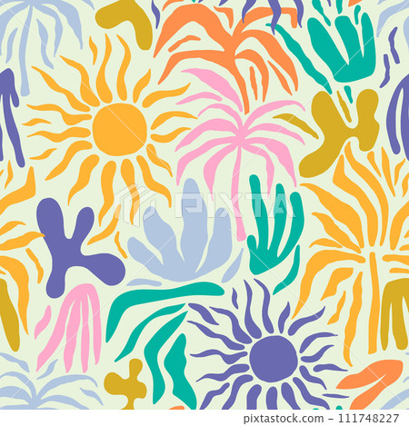 Seamless tropical abstract pattern with sun, palm tree, leaves. Summer texture. Vector illustration 111748227