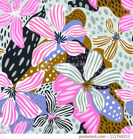 Seamless hight detailed botanical pattern with ink drawn flowers. Floral jungle texture for fabric, textile, digital papers. Vector illustration Seamless hight detailed botanical pattern with ink drawn flowers. Floral jungle texture for fabric, textile, digital papers. Vector illustration 111748233