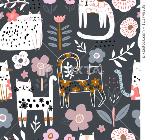 Seamless childish pattern with floral cute hand drawn cats. Creative kids hand drawn texture for fabric, wrapping, textile, wallpaper, apparel. Vector illustration 111748238