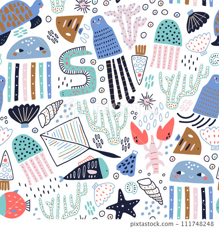 Seamless pattern with cute marine inhabitants. Creative childish undersea background. Perfect for kids apparel,fabric, textile, nursery decoration,wrapping paper. Vector Illustration Seamless pattern with cute marine inhabitants. Creative childish undersea background. Perfect for kids apparel,fabric, textile, nursery decoration,wrapping paper. Vector Illustration 111748248