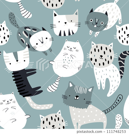 Seamless pattern with cute cats and kittens . Creative childish texture with hand drawn cat characters . Great for fabric, textile Vector Illustration Seamless pattern with cute cats and kittens . Creative childish texture with hand drawn cat characters . Great for fabric, textile Vector Illustration 111748253