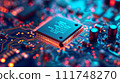 Macro photography of a microchip with intricate circuits and glowing lights, showcasing modern electronic technology. 111748270