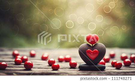 A composition of heart-shaped figures and red candies arranged on pebbles against a soft bokeh light background. A composition of heart-shaped figures and red candies arranged on pebbles against a soft bokeh light background. 111748271