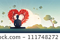 Illustration of a tranquil meditation scene with a person's silhouette under a heart-shaped tree against a serene backdrop. 111748272