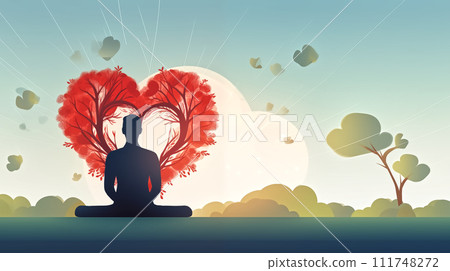 Illustration of a tranquil meditation scene with a person's silhouette under a heart-shaped tree against a serene backdrop. 111748272