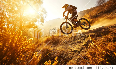Mountain biker in action, leaping on a trail with a backdrop of the golden sun and autumn foliage. Mountain biker in action, leaping on a trail with a backdrop of the golden sun and autumn foliage. 111748273