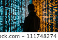 Back view of a person in silhouette against a large screen displaying complex data patterns, symbolizing analysis and technology. 111748274