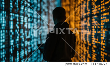 Back view of a person in silhouette against a large screen displaying complex data patterns, symbolizing analysis and technology. Back view of a person in silhouette against a large screen displaying complex data patterns, symbolizing analysis and technology. 111748274