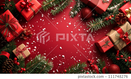 Festive Christmas composition with red gifts, pine branches, and holiday ornaments on a red background with snowflakes. Festive Christmas composition with red gifts, pine branches, and holiday ornaments on a red background with snowflakes. 111748276