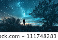 A lone figure stands amidst wildflowers, looking up at a breathtaking night sky peppered with stars and the Milky Way. 111748283
